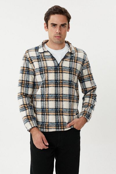 Twister Jeans ESW 2778 - Мъжки кашмирен суитшърт на каре, с половин цип, яка тип „стоп“, тъмносиньо екрю