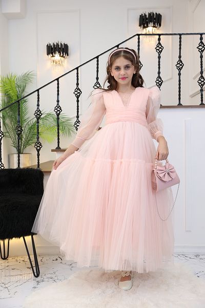 MİSS RAİN Long Transparent Sleeve Waste Beads Embroidered Towel Girl's Gown Dress-Accessory Gift