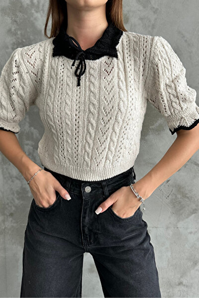 macharelbasic Γυναικεία κοντομάνικη πλεκτή μπλούζα με γιακά Κρεμ/μαύρο