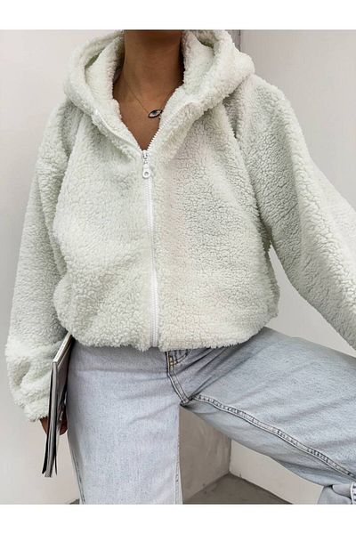 Fav Style Jachetă de pluș supradimensionată, cu glugă, cu fermoar, cu mânecă lungă, cu buzunar dublu, albă