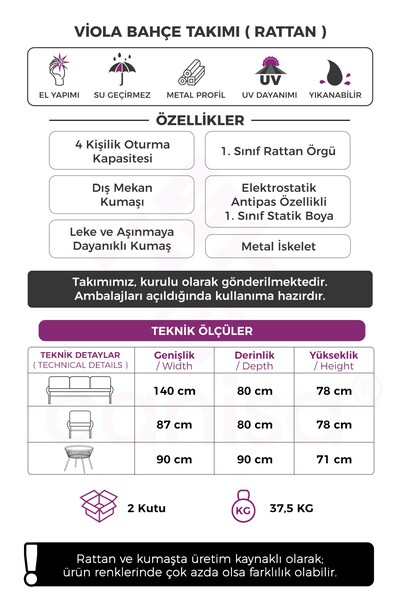Canisa Viola Serisi 1. Sınıf Kahverengi Rattan Krem Minder Bahçe Takımı, Balkon Takımı