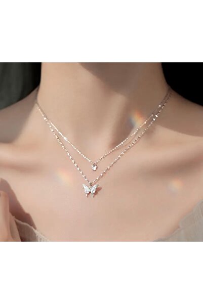 Elegant Butterfly Shaped Double Layer Necklace - Glittering Stones, Vintage Minimalist Design,