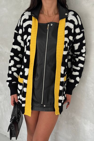 FEMELLE Women's Yellow Leopard Pattern Zippered Leather Oversize Knitwear Cardigan