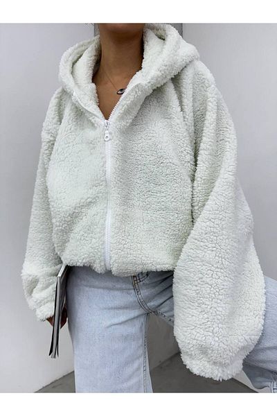 Fav Style Jachetă de pluș supradimensionată, cu glugă, cu fermoar, cu mânecă lungă, cu buzunar dublu, albă