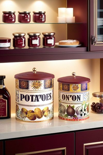Arma House La Dolce Vita Sicilian Inspired Burgundy Metal Potato Onion Bucket & Crisper Basket 28*22-25*18 (3)