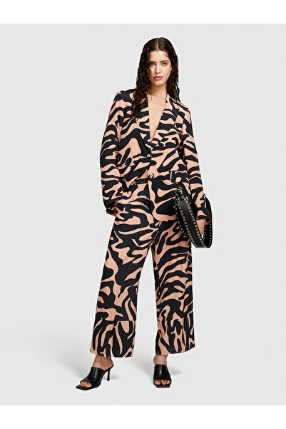 Sisley Kadın Siyah Mix Tamamı Desenli Çift Düğmeli Maskülen Kesim Blazer Ceket