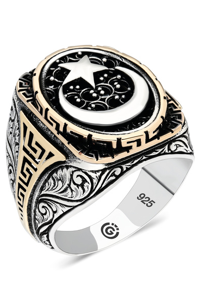 OTTOTESBİH Ayyıldız Yüzük Erkek Yüzük 925 Ayar Gümüş Yüzük