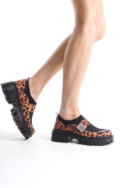 Moda Değirmeni Leopard Print Women's Casual Shoes with Belt and Thick Soles Bg1095-115-0001