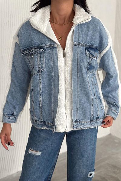 Deafox Blaue Lammjacke aus Plüsch mit Stehkragen und Jeansverzierung