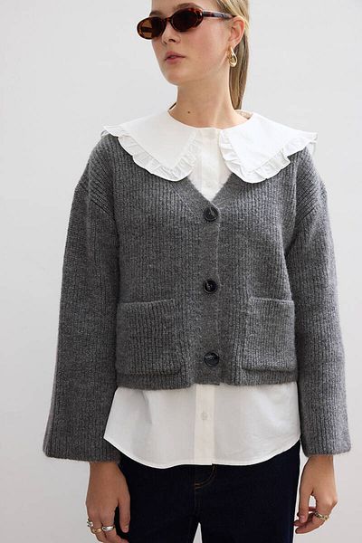 BE BLUE CARDIGAN DETALIAT DE BUZUUNAR GRI