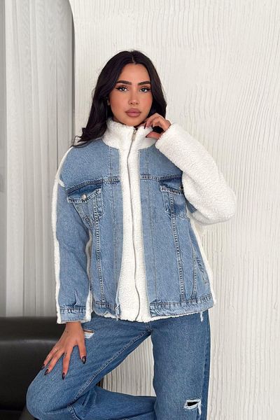 Deafox Blaue Lammjacke aus Plüsch mit Stehkragen und Jeansverzierung