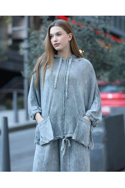 Sosyete Kaplumbağa Authentic Knitwear 100% Cotton Hooded Distressed 2Pockets Oversize Loose Blouse Sweater