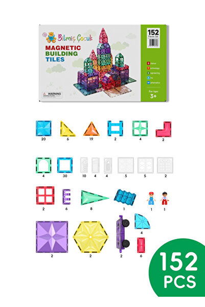 BİLMİŞ ÇOCUK Manyetik Yapı Blokları 152 Parça 2 Adet Araba Parçalı Magnetic Tiles (YENİ KARTON KUTULU)