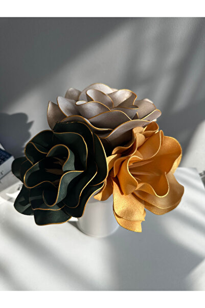 Luvienn El Yapımı Dekoratif Büyük 3 Adet Yapay Manolya-yeşil-dore-sarı Vazo Çiçeği