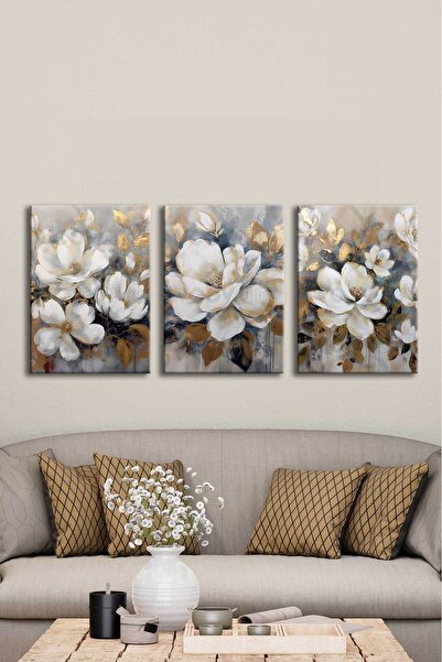 Voovart Kanvas Soyut Çiçekler Tablo 3’lü Canvas Tablo Seti - VOOV4307