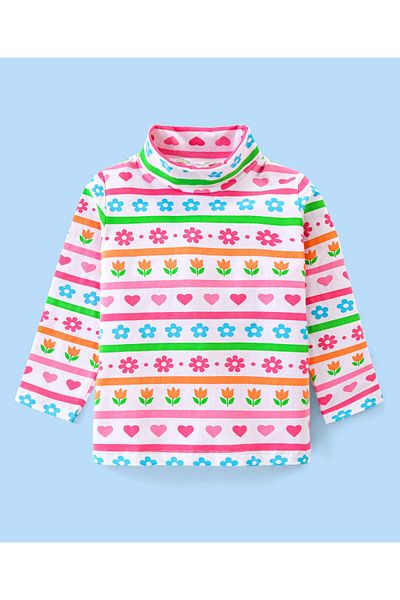 Babyhug تي شيرت Babyhug من القطن المحبوك بأكمام طويلة ورقبة عالية وطبعة زهور - متعدد الألوان