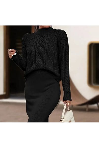 MODAVERA    Women's Long Sleeve Turtleneck Blouse and Skirt Double Knitwear Set