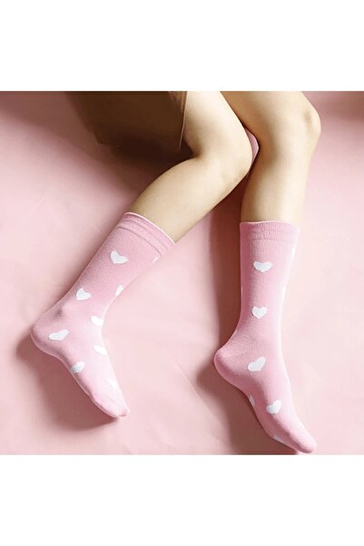 Panowill Design Kadın Kalp Desenli Pembe Yumuşacık Uzun Soket Çorap