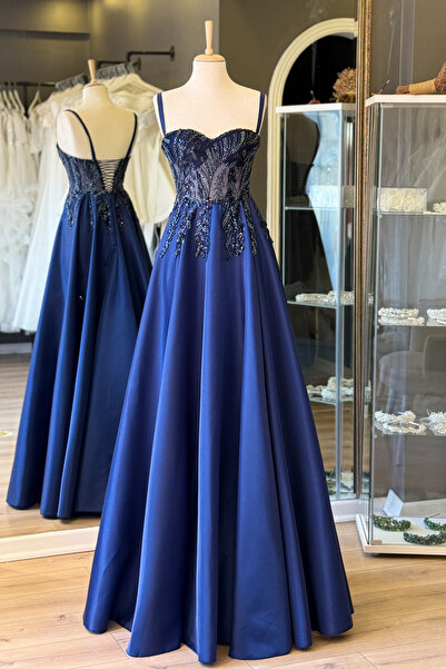 Lenta Moda Lacivert Yaprak Desen Dantel Kaplı Maxi Boy Saten Abiye Ve Gece El...