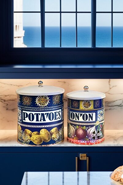 Arma House Gifted La Dolce Vita Sicily Inspired Navy Blue Metal Potato Onion Bucket & Crisper Basket 28*22-25