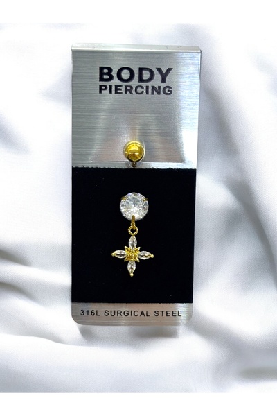 Takayrum Çelik Kararmaz Zirkon Taşlı Sallanır Yıldız Detaylı Göbek Piercing