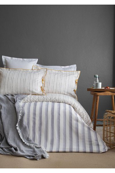 Apricitas HOME Σετ Παπλωματοθήκη Κάλυμμα Μουσελίνας Διπλό Σετ Ρίγες Γκρι - Σετ Πικέ