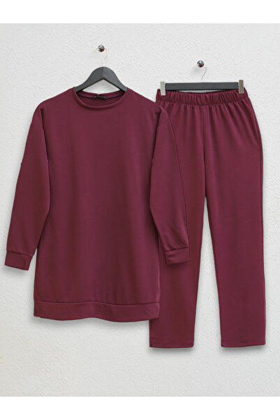 Modamorfo Crew Neck Slit Corded Fabric Set - Plum