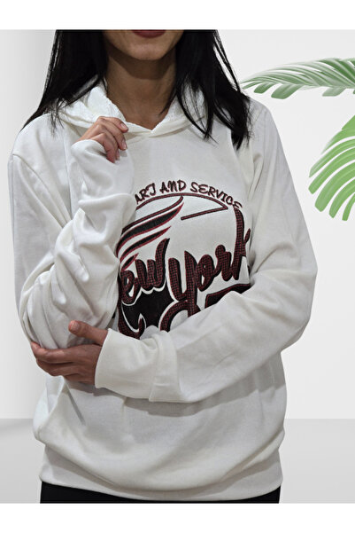 YusGos New York Printed Hooded Sweatshirt (White-Red)