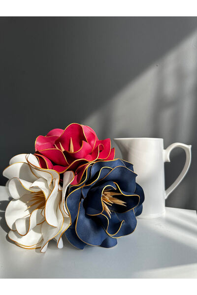 Luvienn El Yapımı Dekoratif Büyük 3 Adet Yapay Manolya-Lacivert-Beyaz-Vişbe Ç...