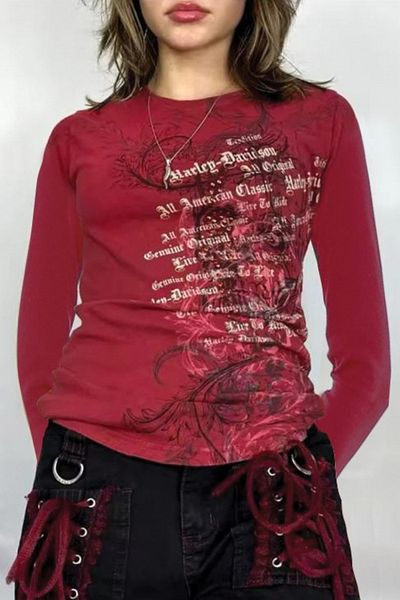 Köstebek Red Skull Life Cyber ​​Grunge Gothic Y2k Crop s dlouhým rukávem