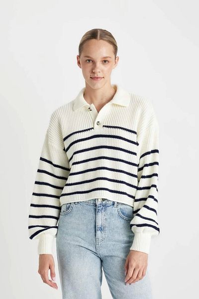 DeFacto Polo Neck Striped Relax Fit Knitwear Sweater - Half Button C4918Ax24Wn