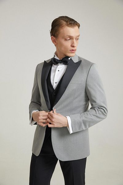 D'S Damat Gray Slim Fit Dobby Groom Suit and Tuxedo Vest