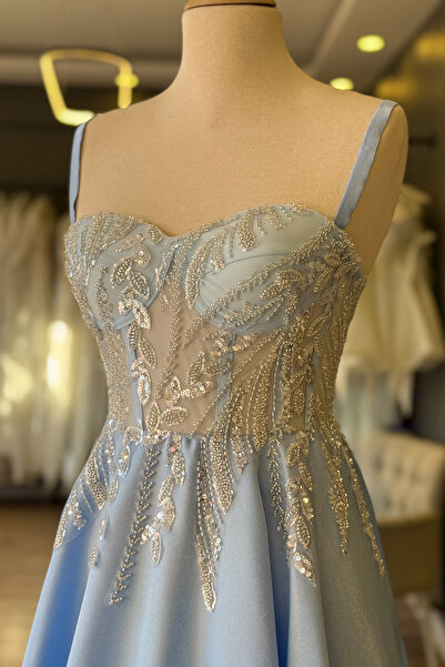 Lenta Moda Buz Mavi Yaprak Desen Dantel Kaplı Maxi Boy Saten Abiye Ve Gece Elbisesi