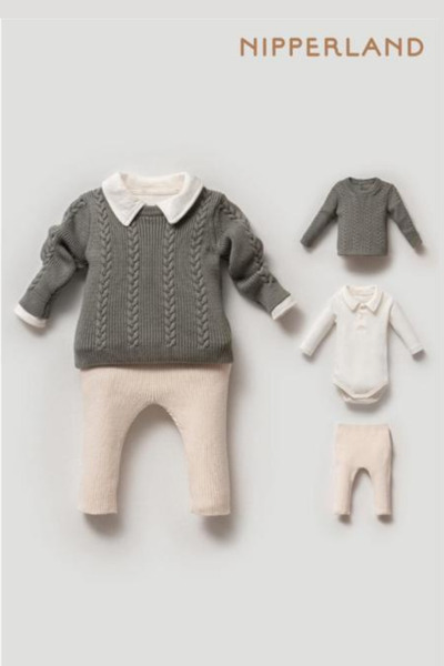 Nipperland Örgü Desenli Triko Gömlek Yakalı 3'lü Handsome Erkek Bebek Takım