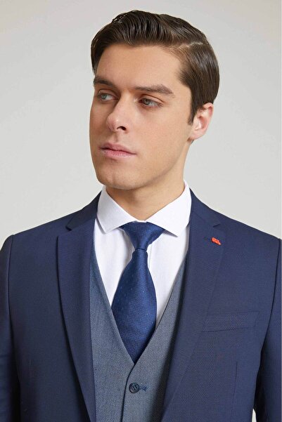 Twn Slim Fit Lacivert Armürlü Mono Yaka Viskonlu Takim Elbise Kombinli