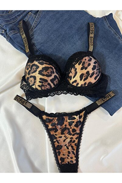 Gold Night Set de lenjerie de corp pentru femei, cu dantelă leopard, cu sârmă...