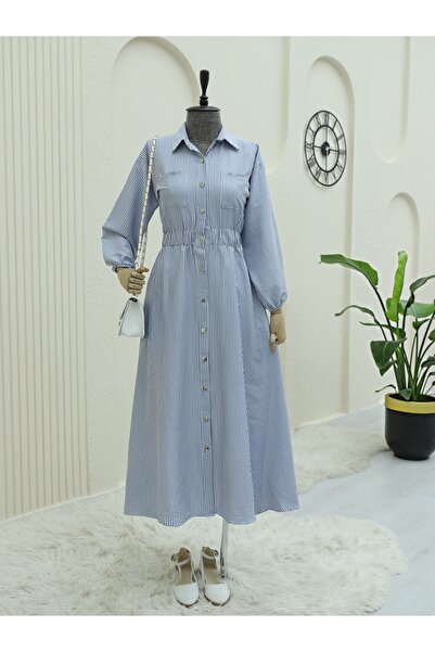 Modamorfo Pruhované šaty s elastickým pasem a knoflíky -navy