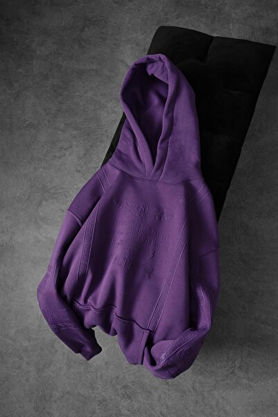 Slatra Men's Purple Embossed Print Hooded Oversize Sweatshirt