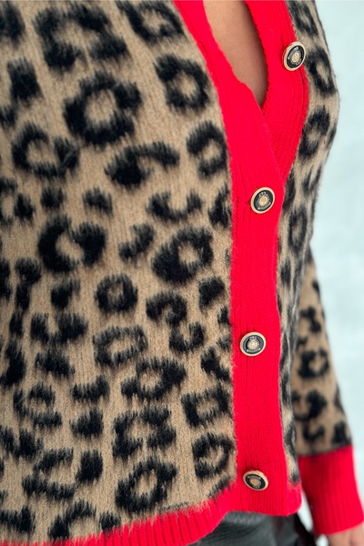 FEMELLE Γυναικεία πλεκτή ζακέτα με κόκκινη ρίγα με στάμπα λεοπάρ