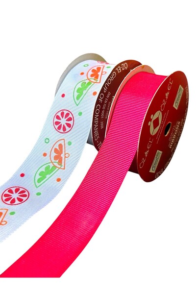 ÖZ-EL AŞ 2 Makara Limon Baskılı Beyaz ve Fuşya Grogren Kurdele  4cm/5mt 2,5cm...