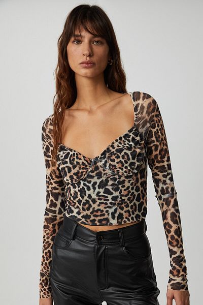 GRIMELANGE LILY Damen-Bluse aus Tüll, Netzstoff, doppellagig, herzförmiger Ausschnitt, Brustkörbchen, Leopardenmuster