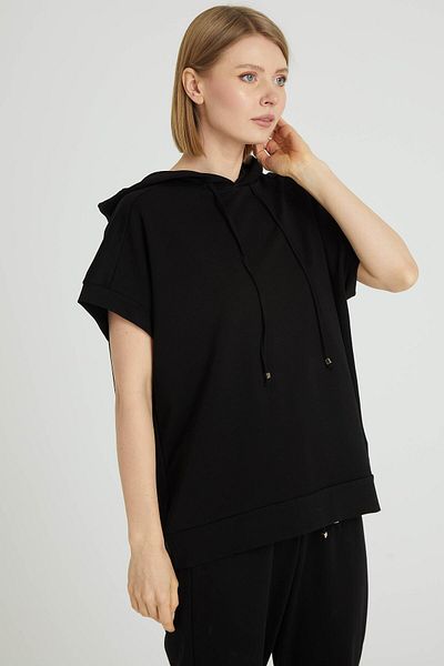 Two Mail Black Hooded Sweat Blouse