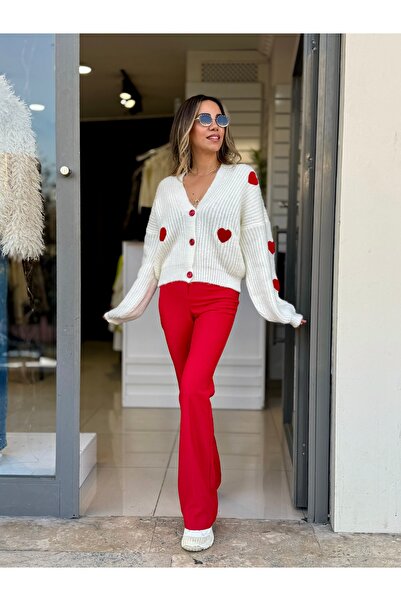 ROZELLA Kalpli Hırka Ekru Renk Kırmızı Kalpli Örgü Hırka