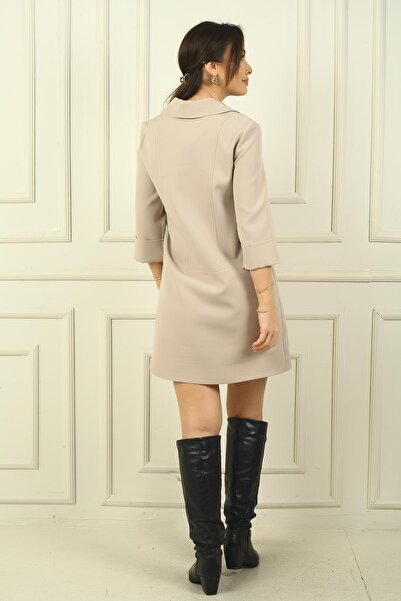 By Saygı Women's Polo Neck Double Sleeve Short Dress