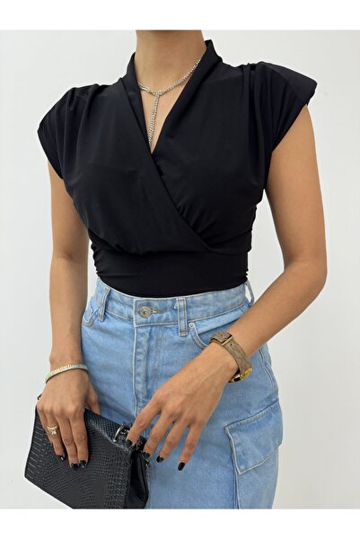 Modamorfo Double Breasted Model Sandy Blouse with Zero Sleeves - Black