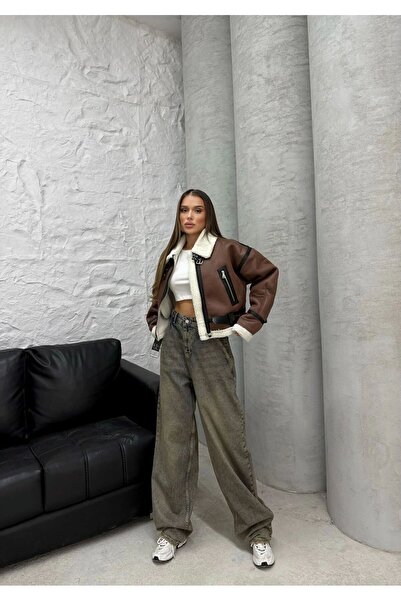 VESS MODA Kožený kabát s detailem pásku světle hnědý