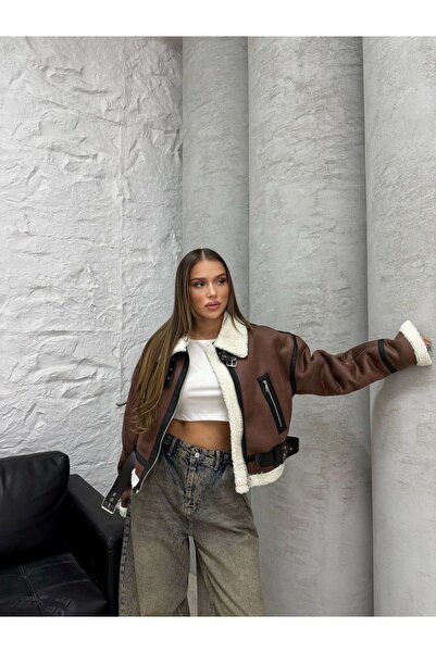 VESS MODA Kožený kabát s detailem pásku světle hnědý