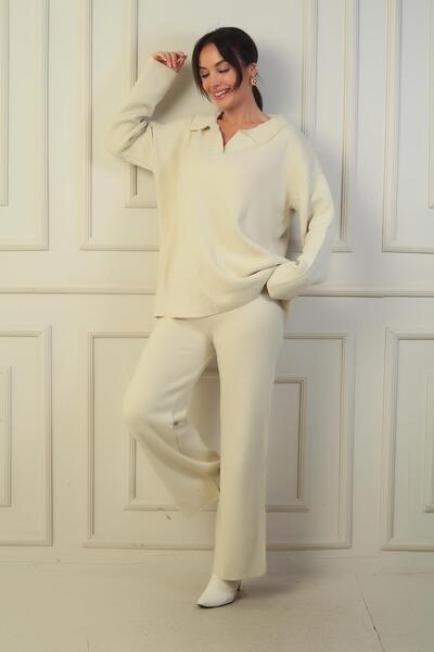 By Saygı Pulover cu gât polo cu talie elastică Pantaloni Palazzo Tricoturi Set 2 piese