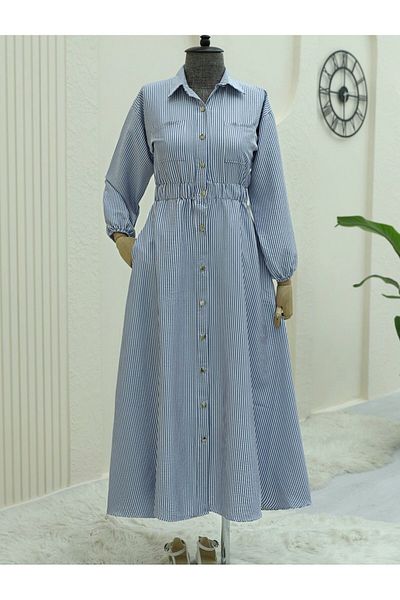 Modamorfo Geknöpftes, gestreiftes Kleid mit elastischem Bund – dunkel