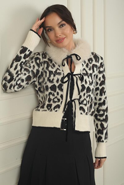 By Saygı Women's Front Ribbon Lace-Up Leopard Pattern Fur Collar Cardigan